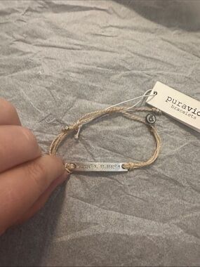 NWT Pura Vida Beige Braided Cord Bracelet with Engraved Silver Bar